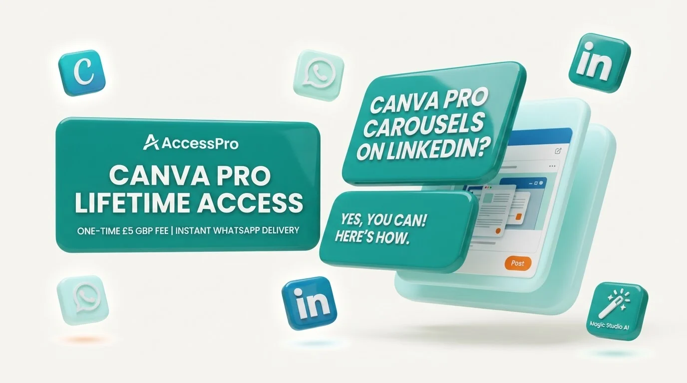 3D graphic featuring Canva and LinkedIn icons around a tablet interface discussing Canva Pro carousels on LinkedIn.