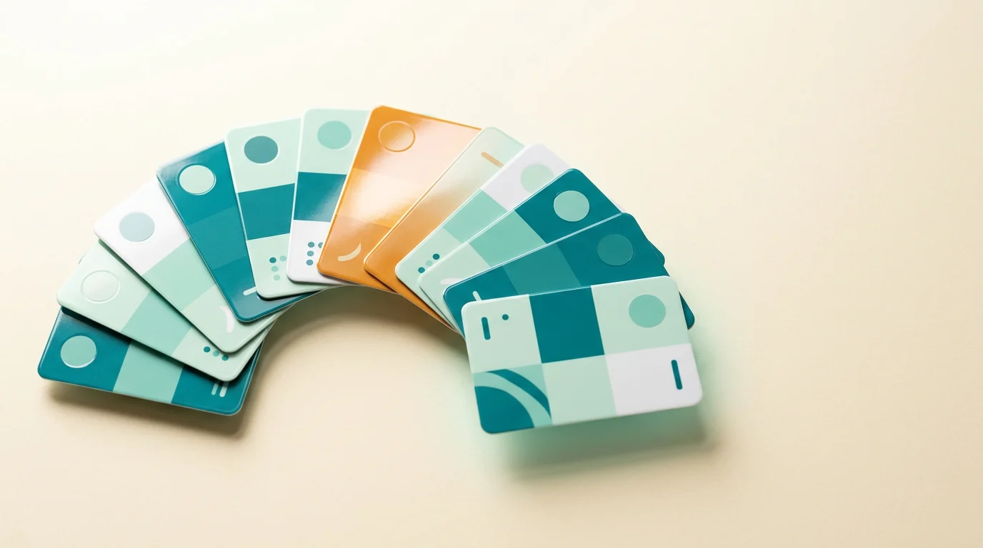 Fanned arc of glossy brand-identity cards with colour swatches and chips on a cream background