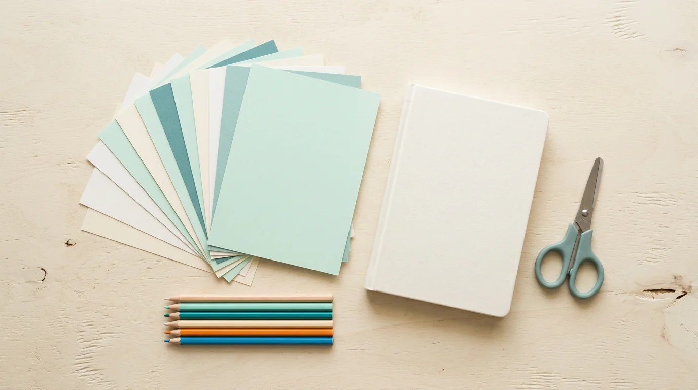 Overhead flatlay of blank printed worksheets, coloured paper and pencils on a bright cream desk