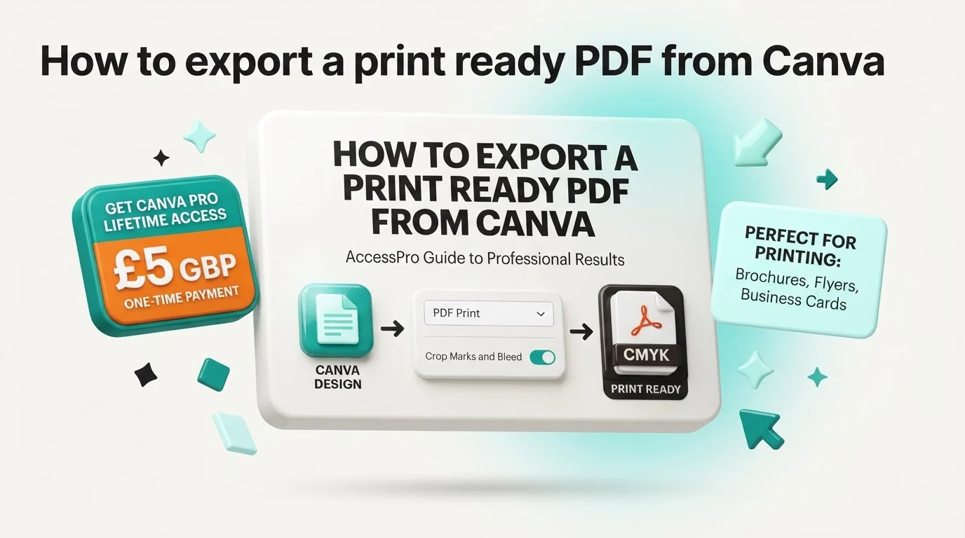 Diagram showing how to export a print ready CMYK PDF from Canva with crop marks and bleed.