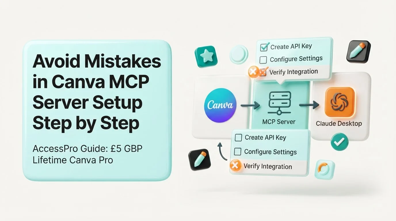 Infographic displaying setup steps connecting Canva, an MCP server, and Claude Desktop with checklists on tiles.