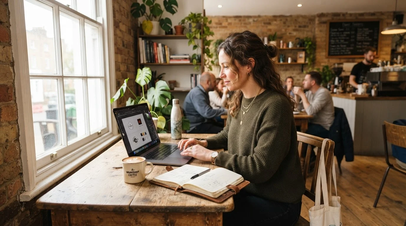 A British entrepreneur choosing Canva Pro vs Photoshop for small business design work on a laptop in a bright cafe.