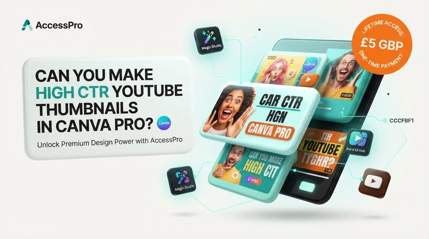 Graphic mockup featuring 3D mobile screen and YouTube thumbnail cards created in Canva Pro on a white background.
