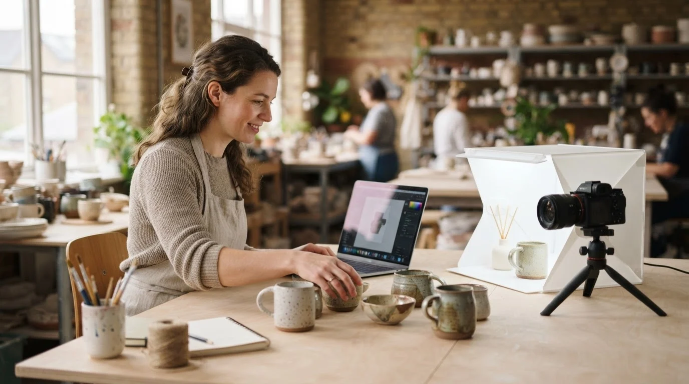 A creator photographing handcrafted ceramics for e-commerce, using the canva pro background remover for product photos.