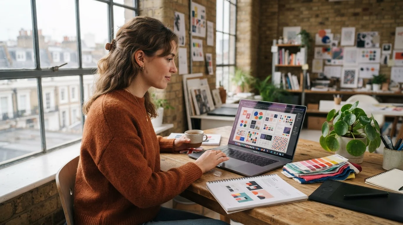 A freelance designer in a sunlit UK studio managing a Canva Pro brand kit hub for multiple brands on her laptop.