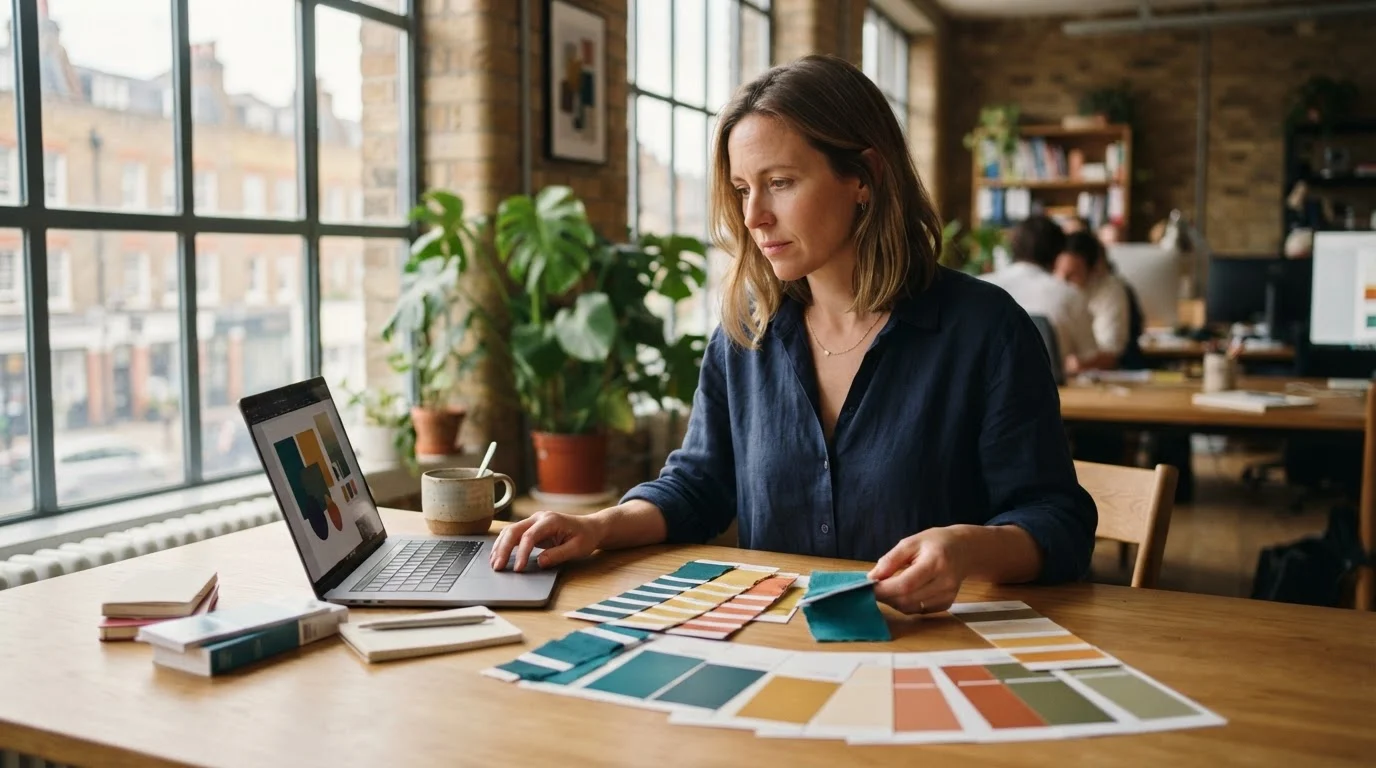 Designer choosing brand colours for a canva brand kit at a sunny wooden desk with colourful swatches.