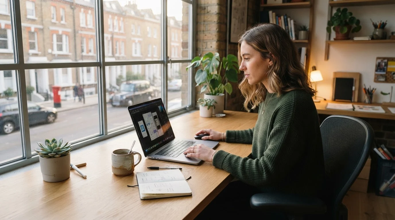 A freelance designer at a wooden desk with a laptop preparing for canva mcp server setup step by step workflow.