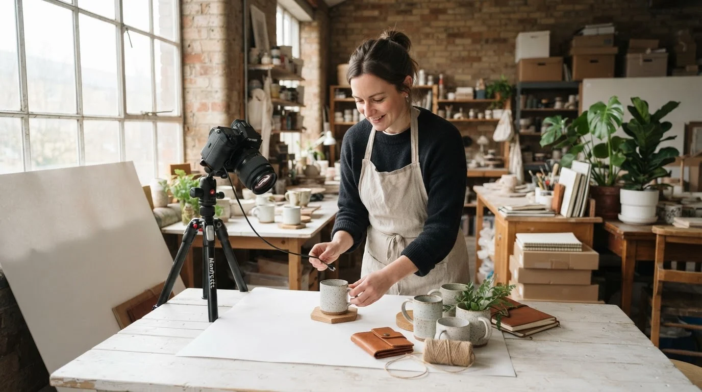 An artisan styling handmade ceramics for canva pro background remover for product photos in a bright UK studio.