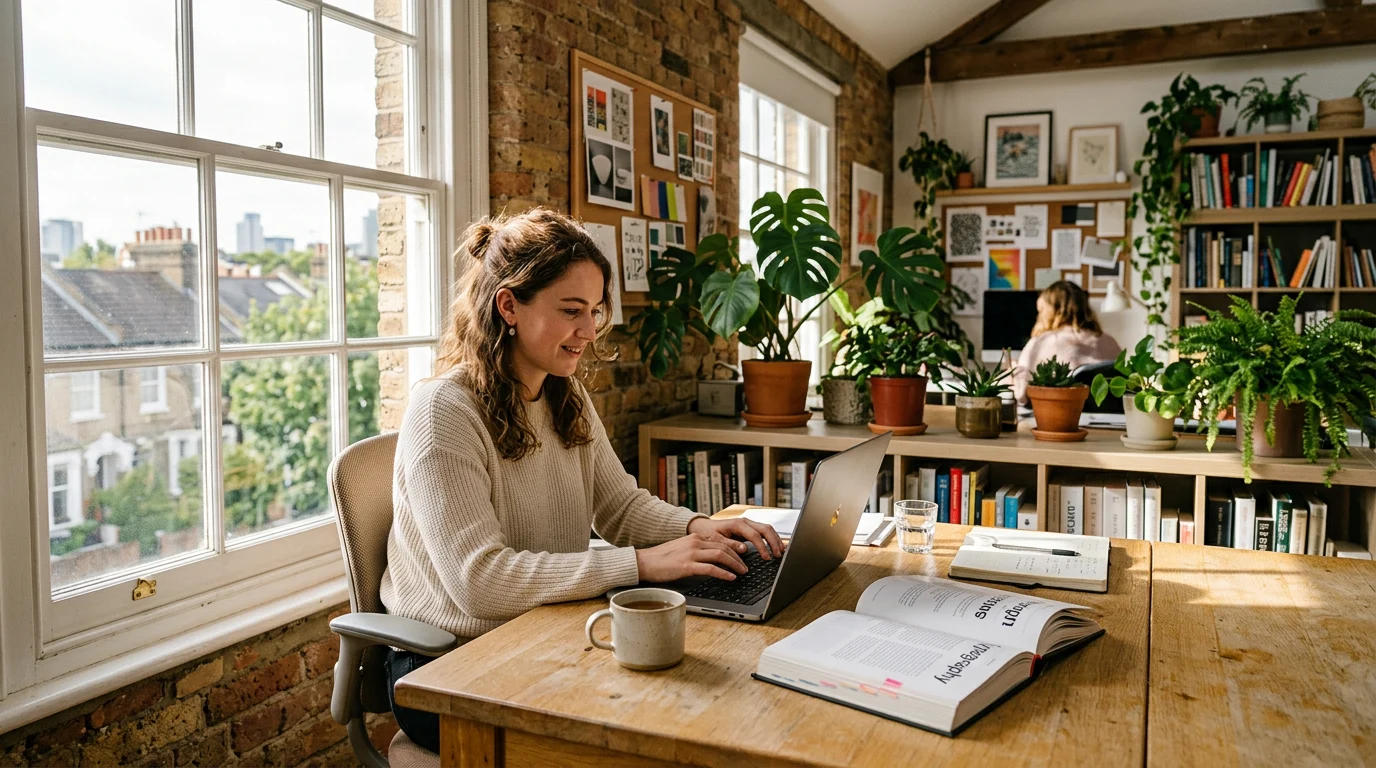 A freelancer designing brand templates while uploading custom fonts to canva pro on her laptop in a sunlit UK studio.