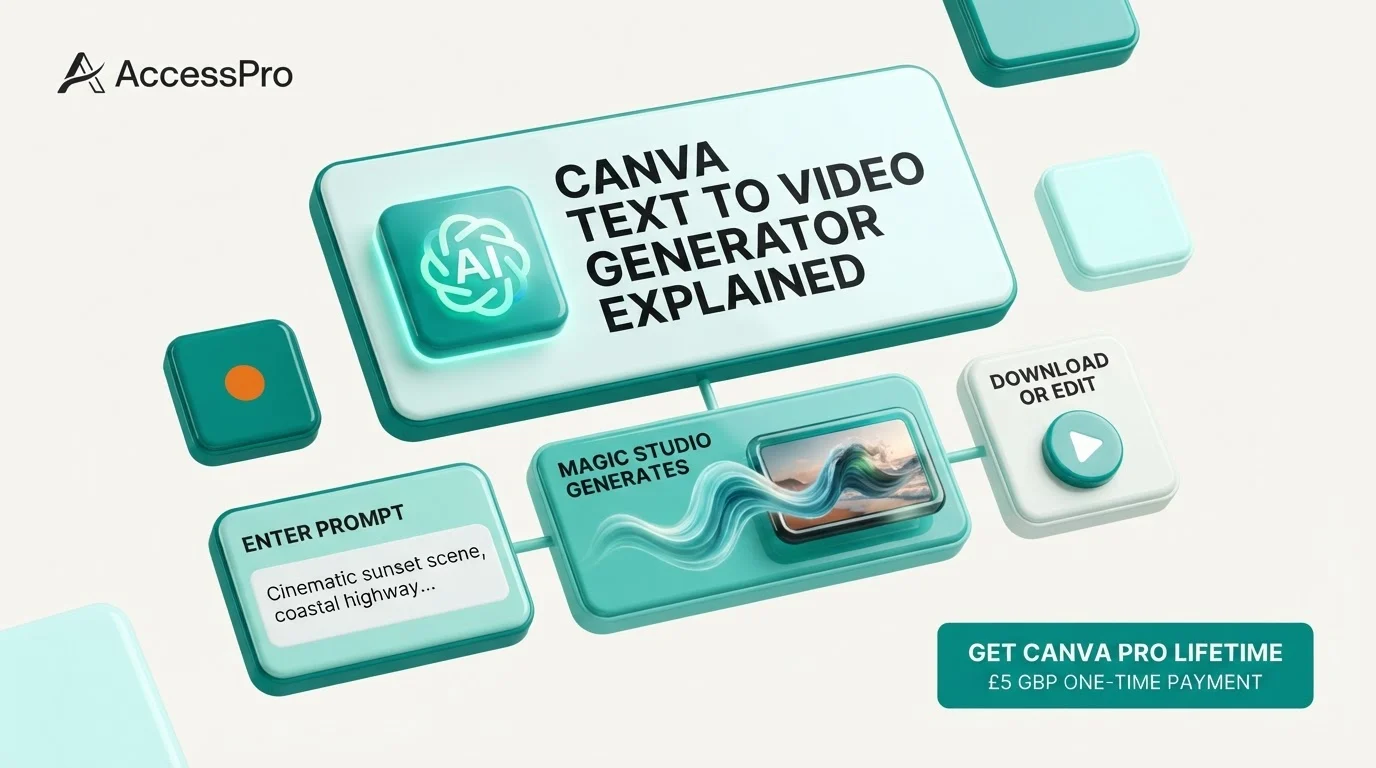 Teal 3D graphic diagram showing steps to use Canva AI text to video generator in Magic Studio.