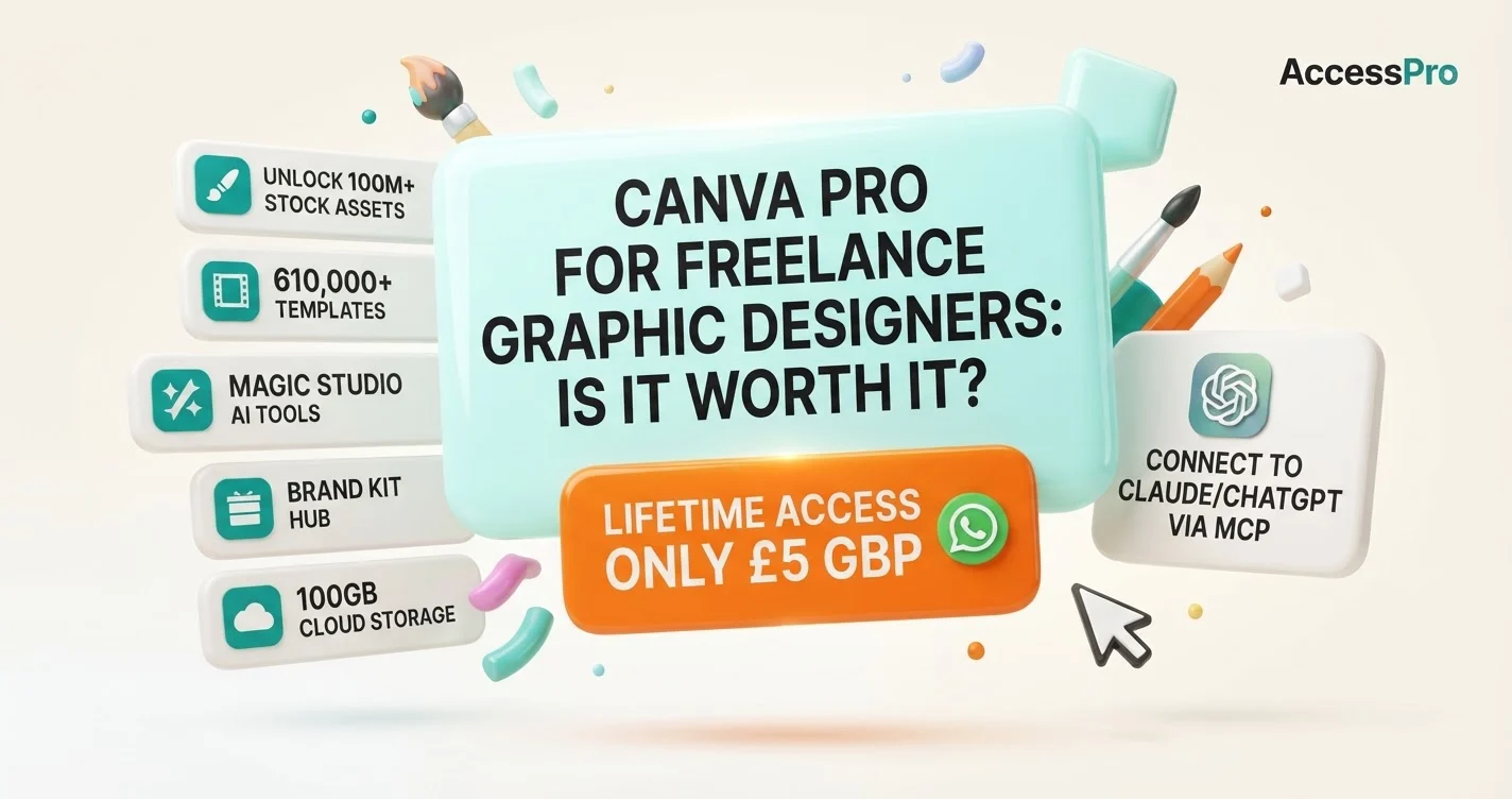 Graphic banner asking if Canva Pro is worth it for freelance designers, surrounded by feature icons and art tools.