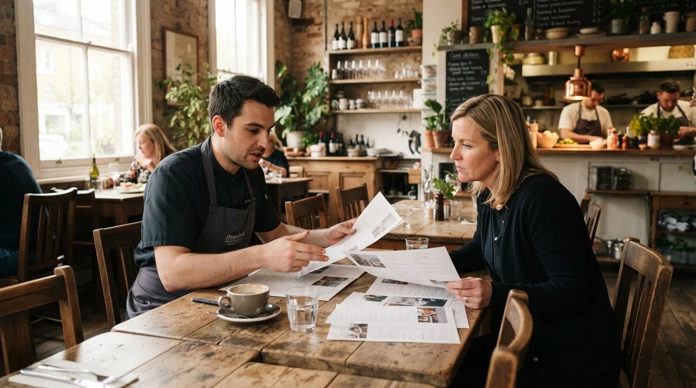 A chef and manager review restaurant menu design drafts in a sunlit UK bistro setting.