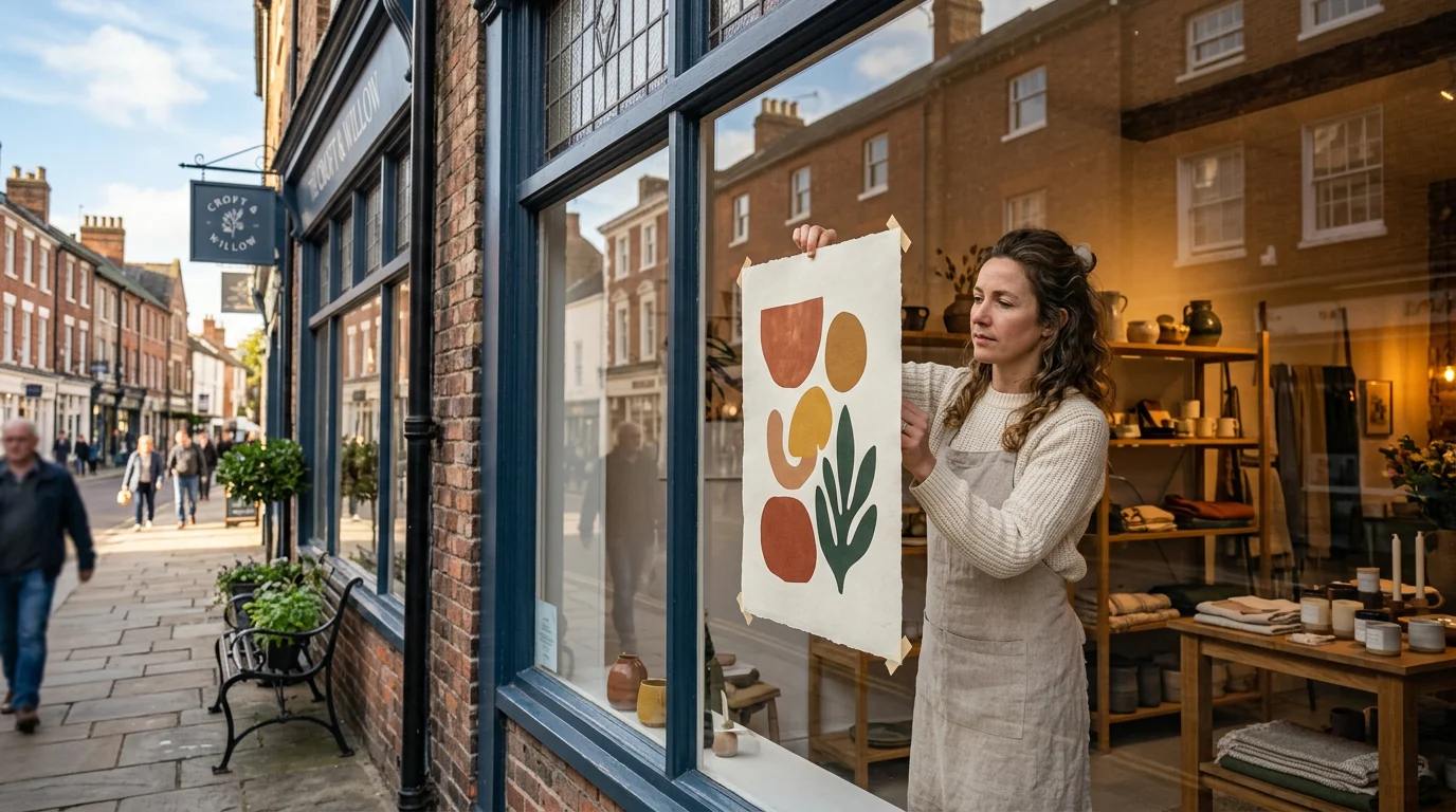 A retailer hangs shop window poster templates for local businesses inside a sunny UK high street storefront.