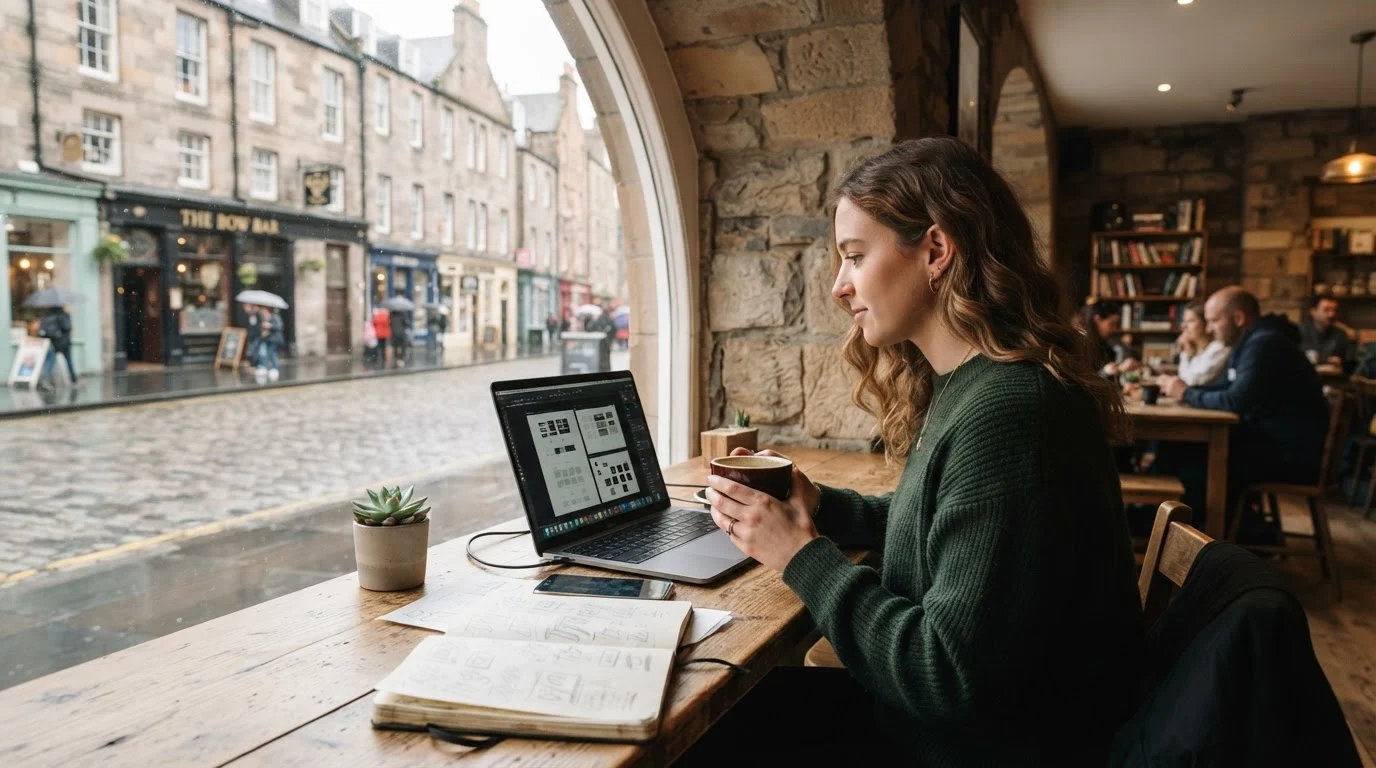 A freelance designer working on a laptop in a bright cafe, learning about uploading custom fonts to Canva Pro.