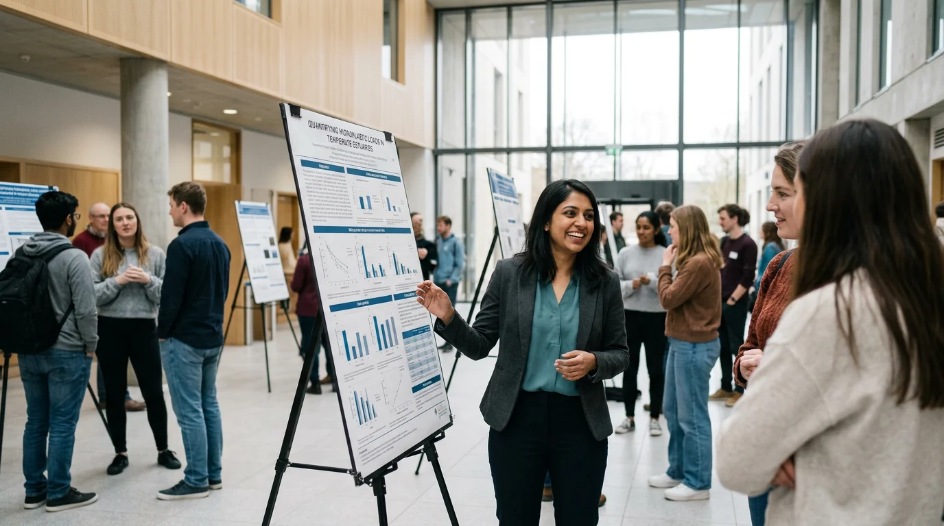A university student presenting a research poster created with Canva Pro for university dissertation posters in the UK.