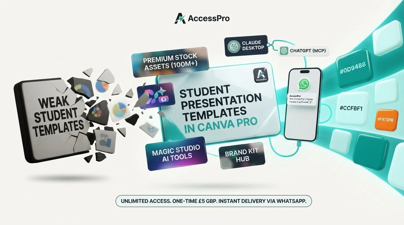 Digital graphic showing a cracking block of weak templates next to Canva Pro student presentation features and a phone.