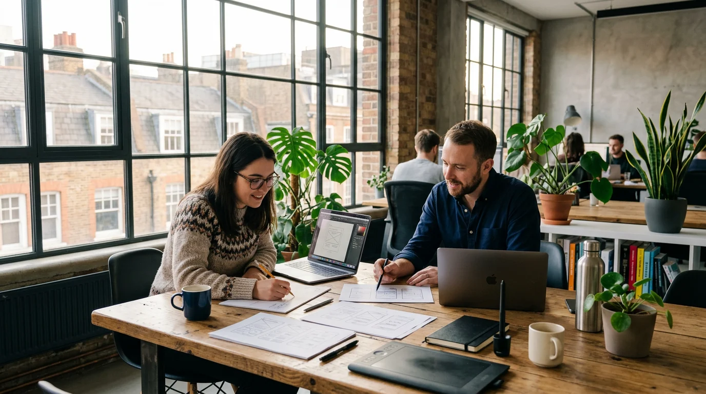 Creative team collaborating in a bright UK studio on automated social media carousel designs.