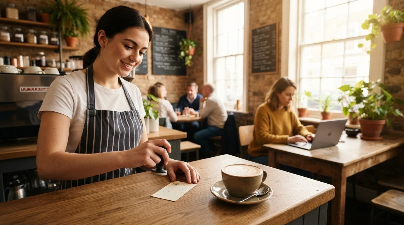 A barista stamps a small paper card on a wooden counter for cafe loyalty card design with Canva Pro in a sunlit UK coffee