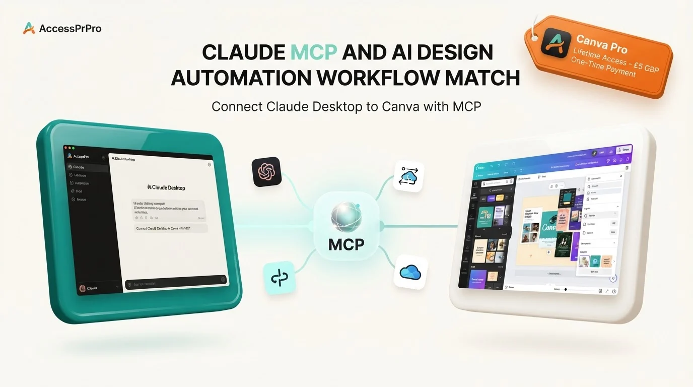 Diagram showing Claude Desktop connected to Canva software through an MCP central hub on two stylized digital displays.