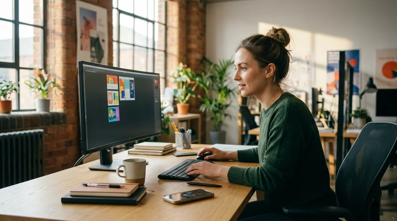 A creator reviewing layout options while working on tiktok cover design templates in canva in a bright studio.