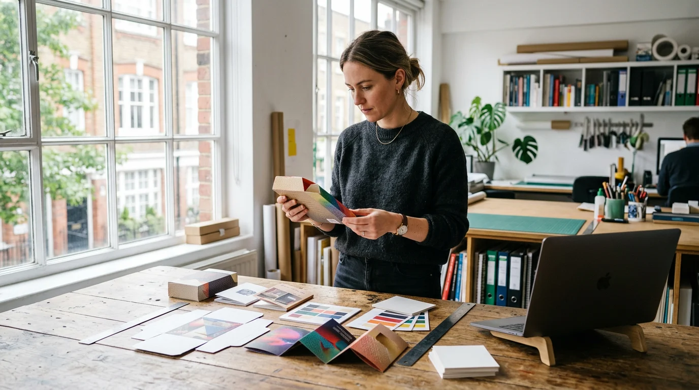 A designer checks paper proofs on a wooden desk to export a print ready pdf from canva successfully.