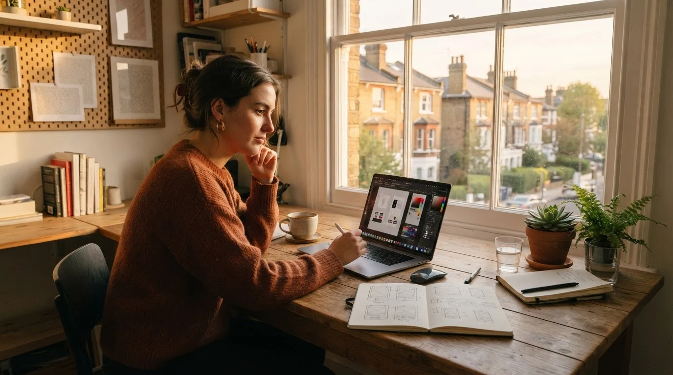 A creator explores what is model context protocol for designers while working at a sunlit wooden studio desk.