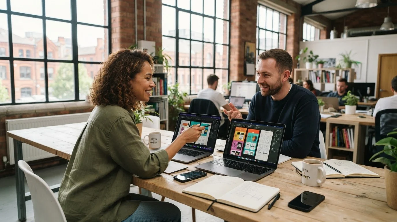 A creative marketing team comparing design workflows on laptops in a modern UK studio.