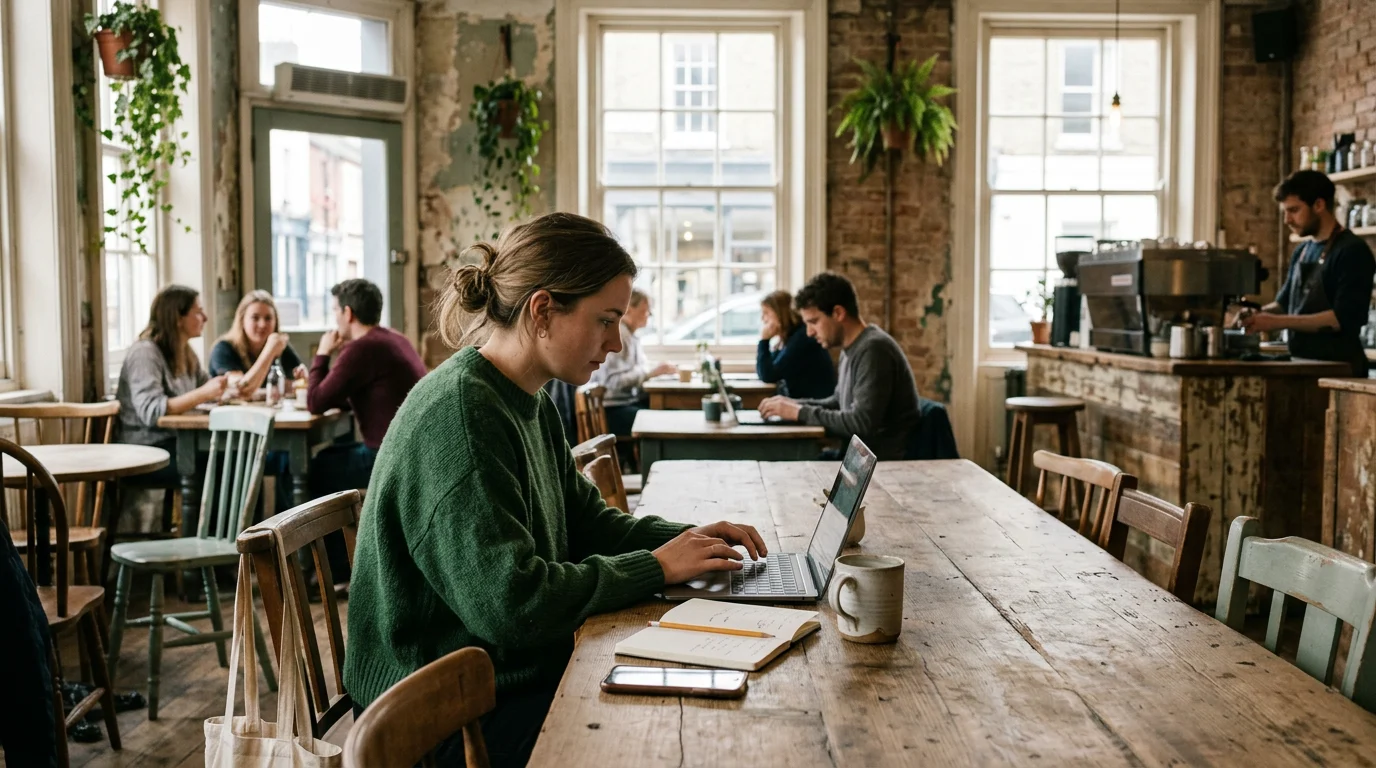 A creative freelancer works on a laptop to resize designs for every social platform in a bright UK cafe.