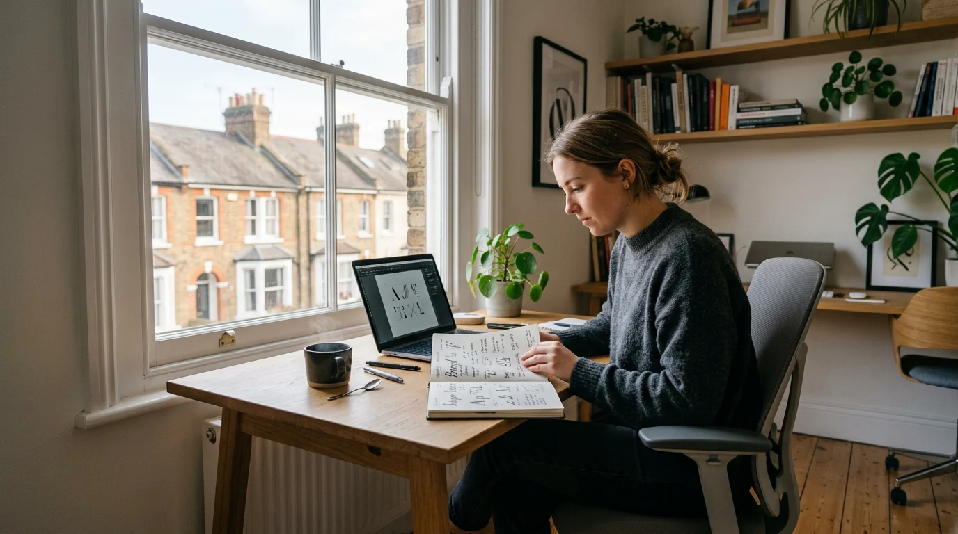 A freelance designer in a bright UK studio focused on uploading custom fonts to canva pro on her laptop.