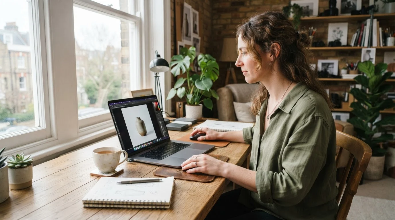 A creator learning how to remove a background in canva pro on a laptop in a bright UK design studio.