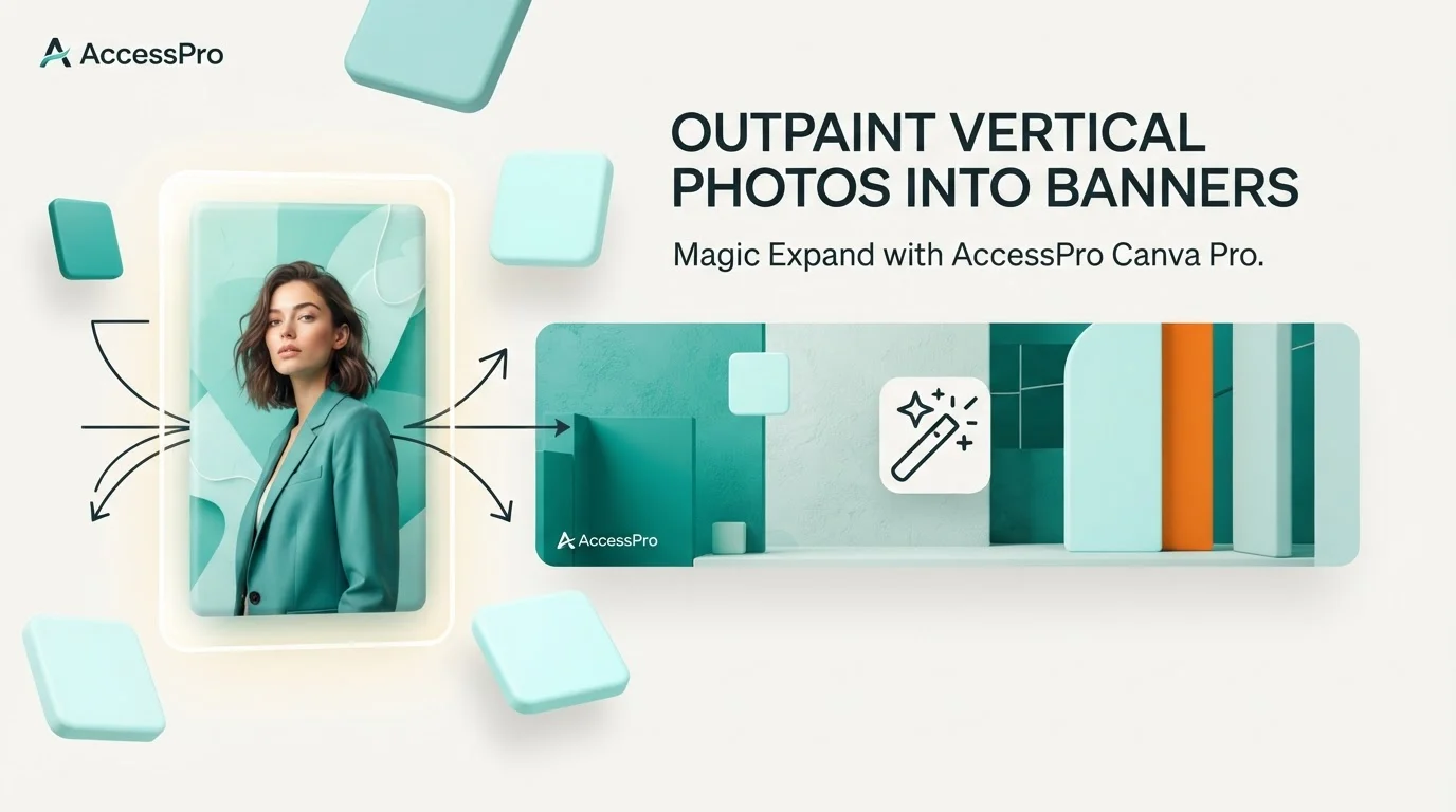 A graphic showing a vertical portrait of a woman expanding into a wide landscape banner with Canva Magic Expand text.