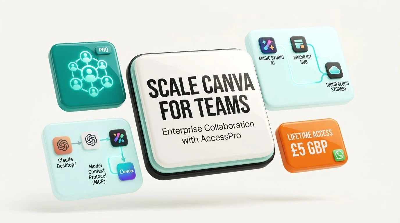 Floating 3D app tiles surround a central block labeled Scale Canva for Teams on a white background.