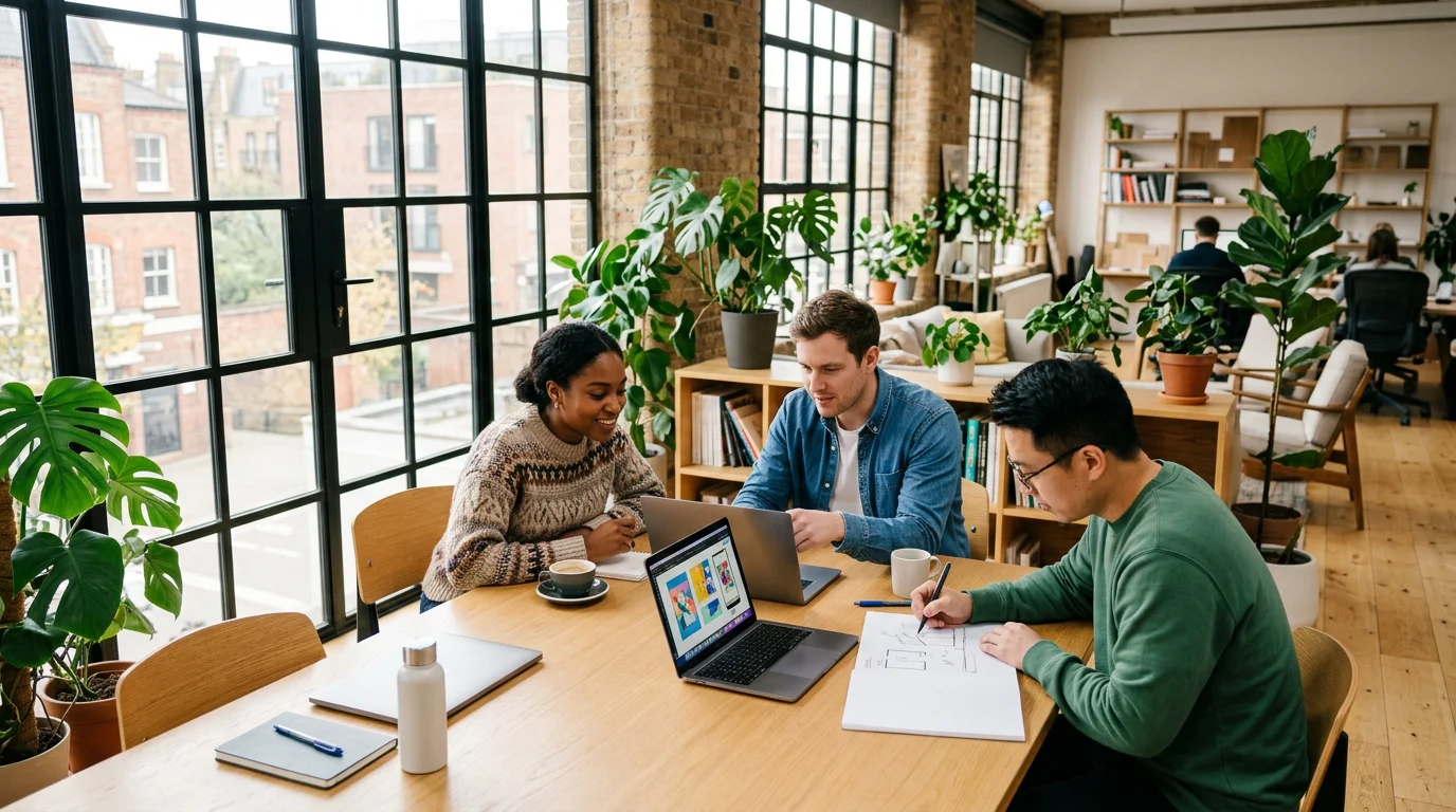 A creative marketing team collaborates over design assets in a sunlit UK studio, evaluating canva pro vs figma for marketing
