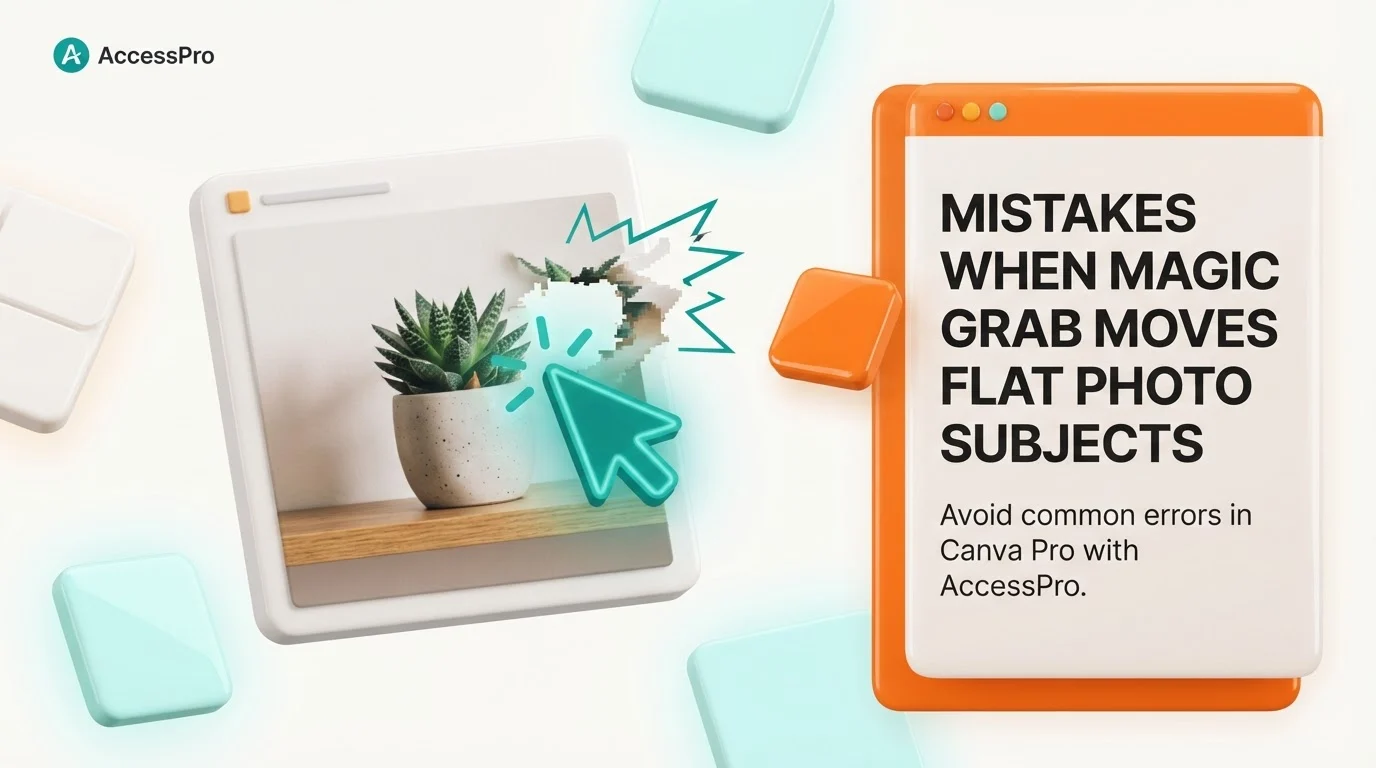 A digital cursor selects a potted succulent photo next to an orange card showing text on Magic Grab photo mistakes.