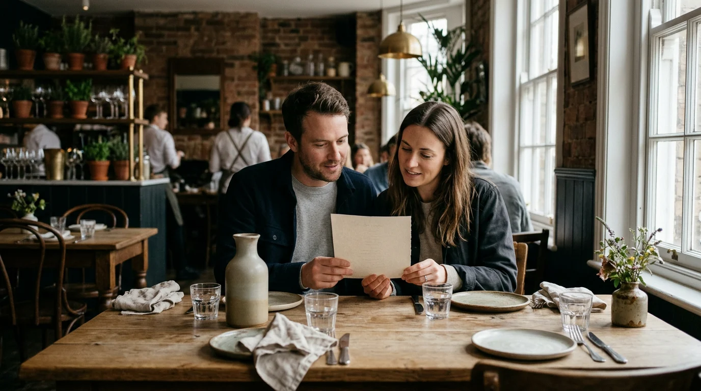 Diners reviewing printed card options while exploring restaurant menu design in canva pro settings inside a bright bistro.