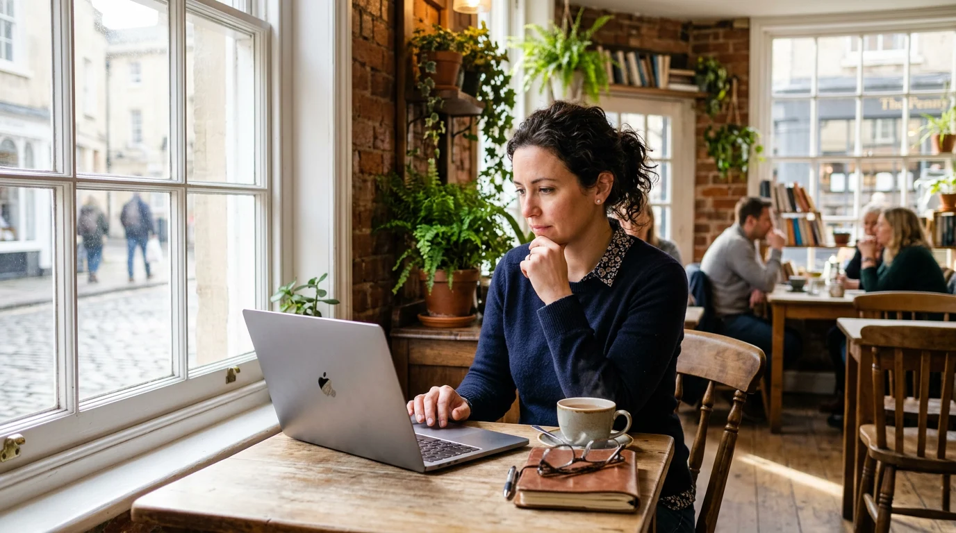 Entrepreneur evaluating whether is canva pro worth it for a small business while working on a laptop in a bright cafe.
