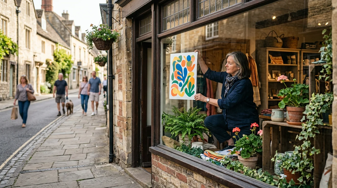 A boutique owner arranges bright shop window poster templates for local businesses on a sunny British high street.