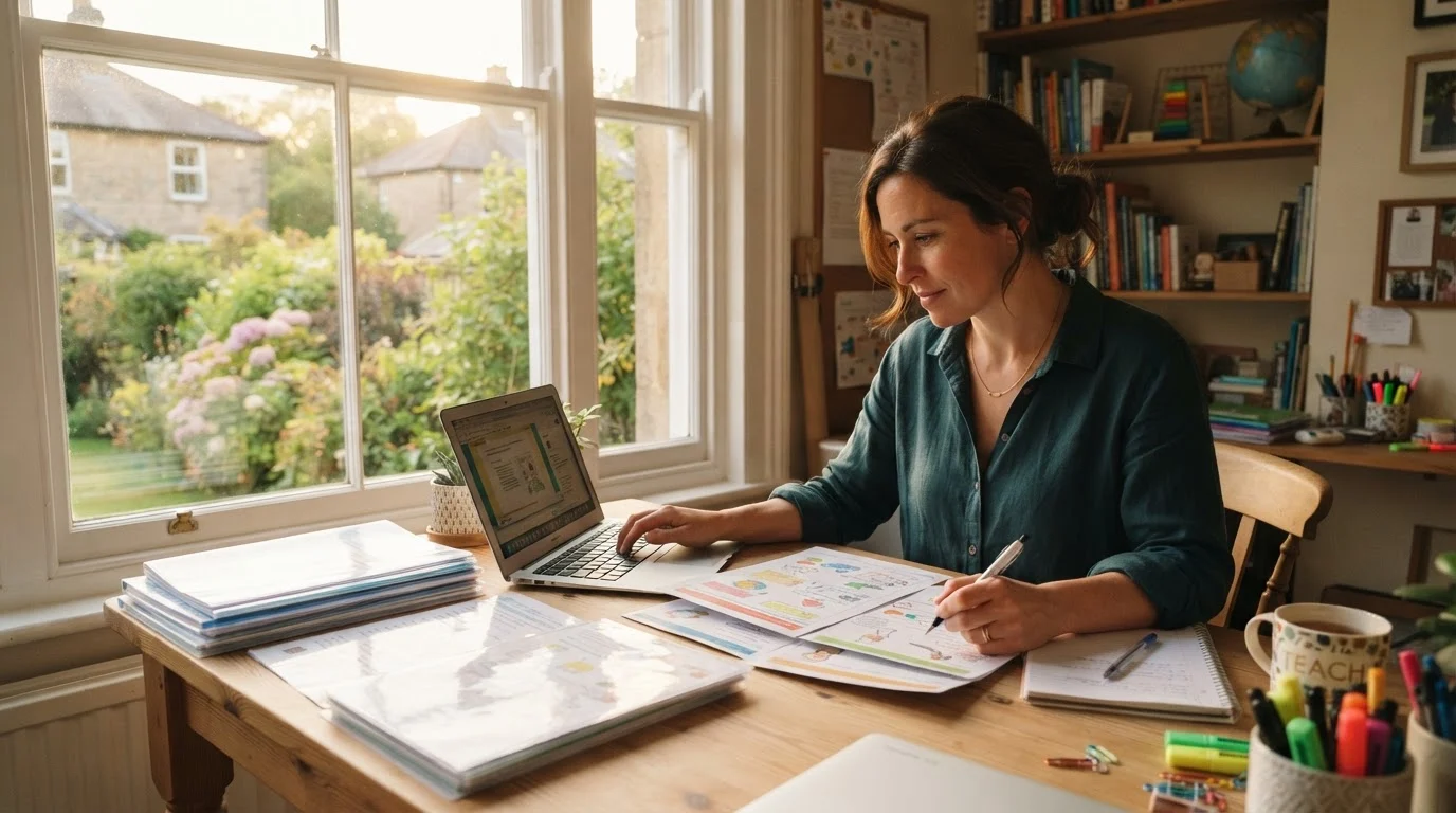 An educator prepares canva pro for teachers lesson resources at a bright wooden desk in an inviting home workspace.
