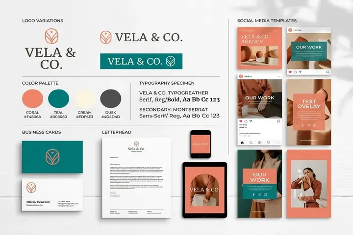Brand Kit stores logos, colors, and fonts for consistent branding